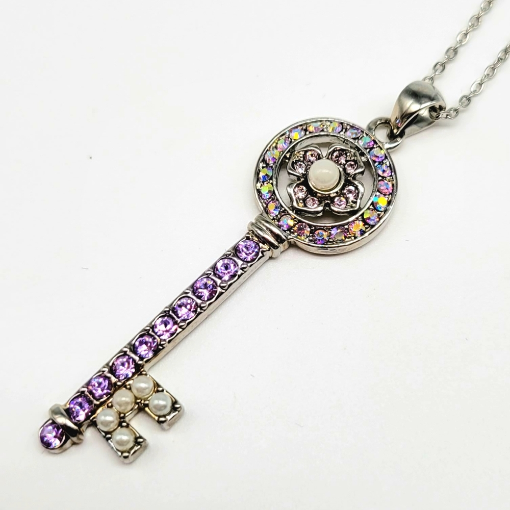 Kirks Folly Purple Aurora Borealis Key Necklace with White Pearl in Silver